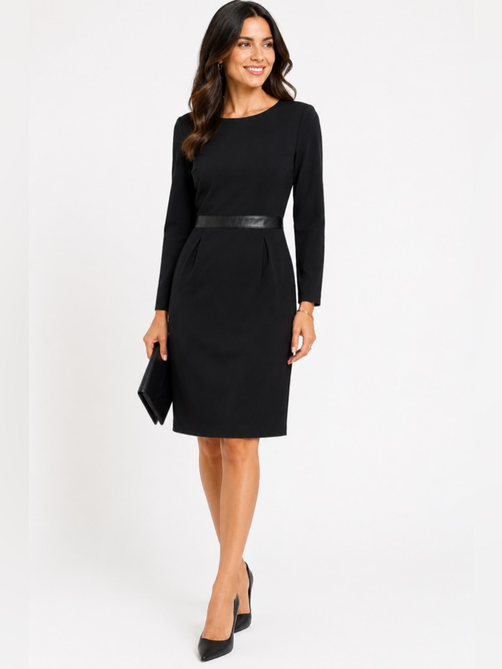 Lauren Ralph Lauren Black Long Sleeved Dress Faux Leather Waist MIDI Dress